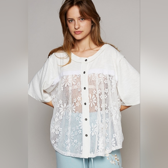 POL Round Neck Short Sleeve Lace Top - Picture 1 of 4